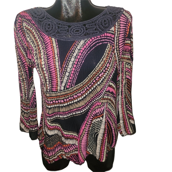 Cleo Multicolor Accordion Pleated Top with Crochet Neckline M - Picture 1 of 6